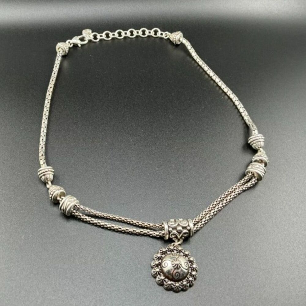 Brighton Silver Tone Multi Strand Mesh Necklace Floral Medallion Pendant